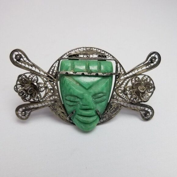Vintage Mexico Silver Filigree Carved Green Stone, Aztec Mayan Style Brooch - Picture 6 of 6